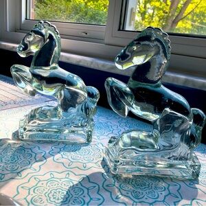 Glass Horse Bookends Clear Equestrian Vintage 40s MCM 8" tall Set of 2.